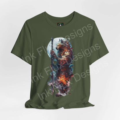 Olive green 'Barbarous Wolf II' graphic tee featuring an artistic wolf spirit animal design on breathable Airlume cotton, perfect for style and comfort.