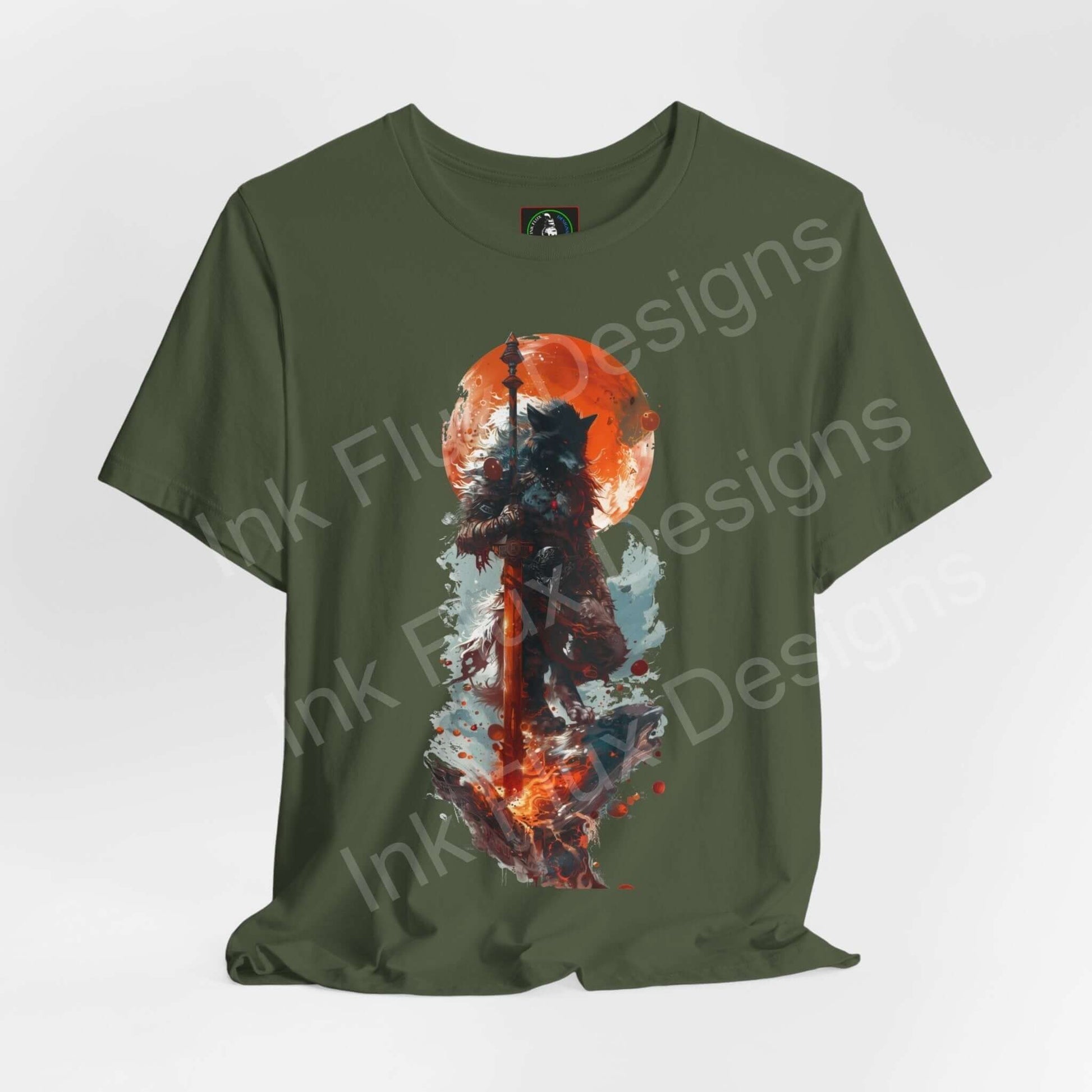 Graphic Tee featuring a dynamic wolf spirit design in bold oranges and blues, on a forest green unisex jersey T-shirt from Bella+Canvas.