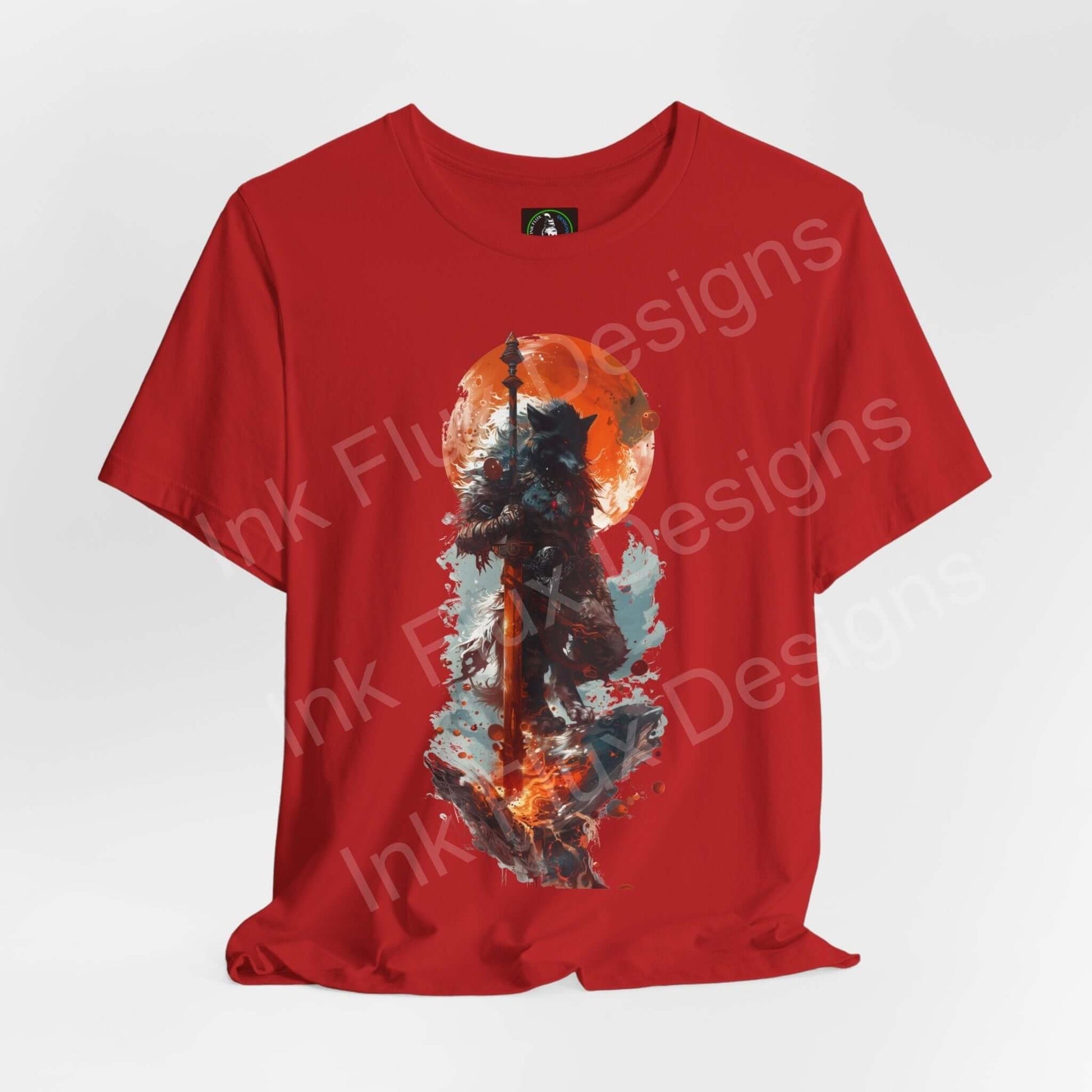 Red unisex jersey T-shirt featuring a graphic wolf design, from Bella+Canvas, emphasizing spirit animals themes, ideal for casual wear.