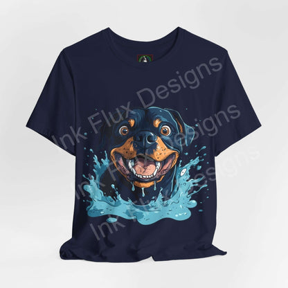 Navy blue graphic tee featuring a vibrant Rottweiler design emerging from water, ideal for dog lovers and T-shirt enthusiasts.