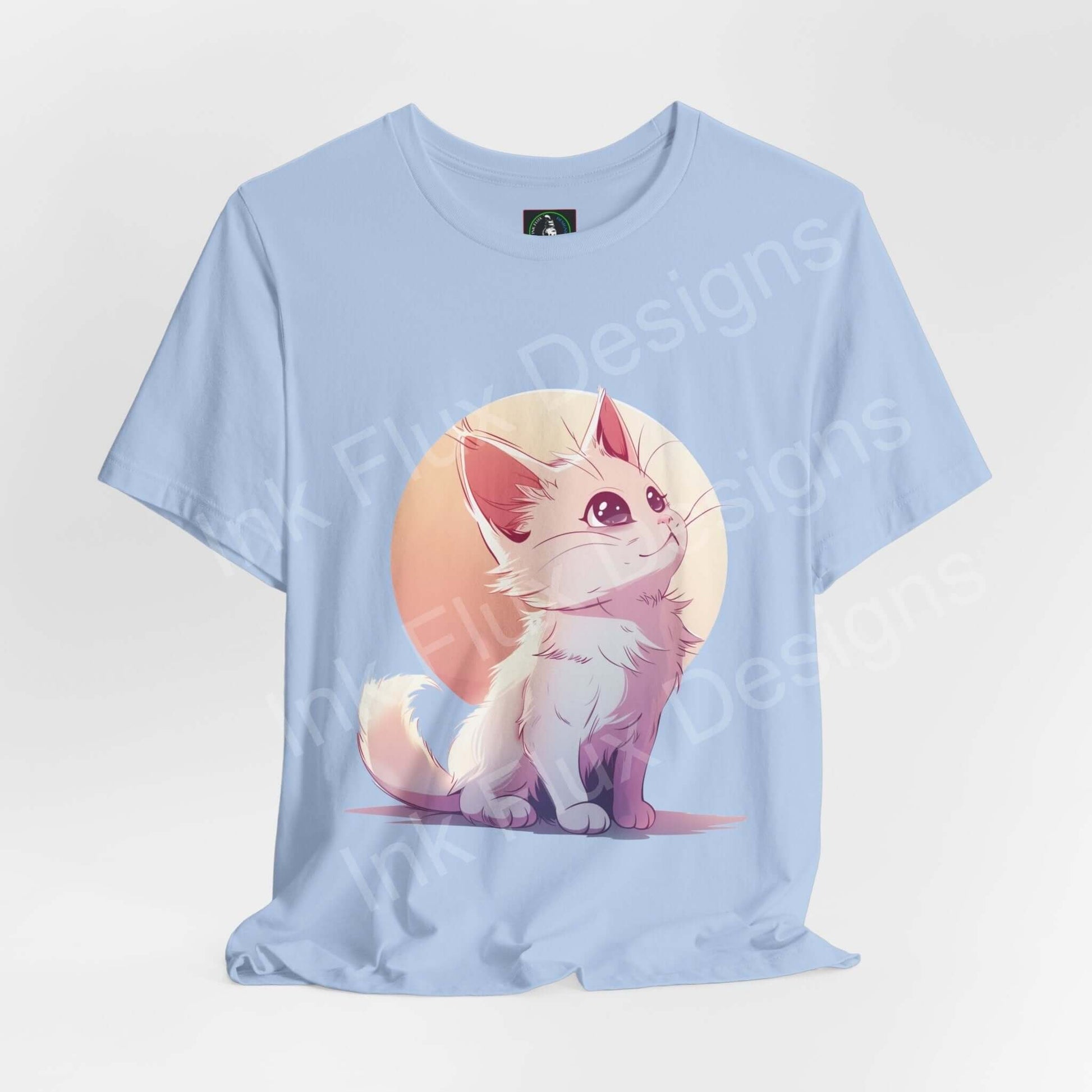 Light blue unisex T-shirt featuring a cute kitty graphic in a sunset backdrop, perfect for cat lovers, by Bella+Canvas.