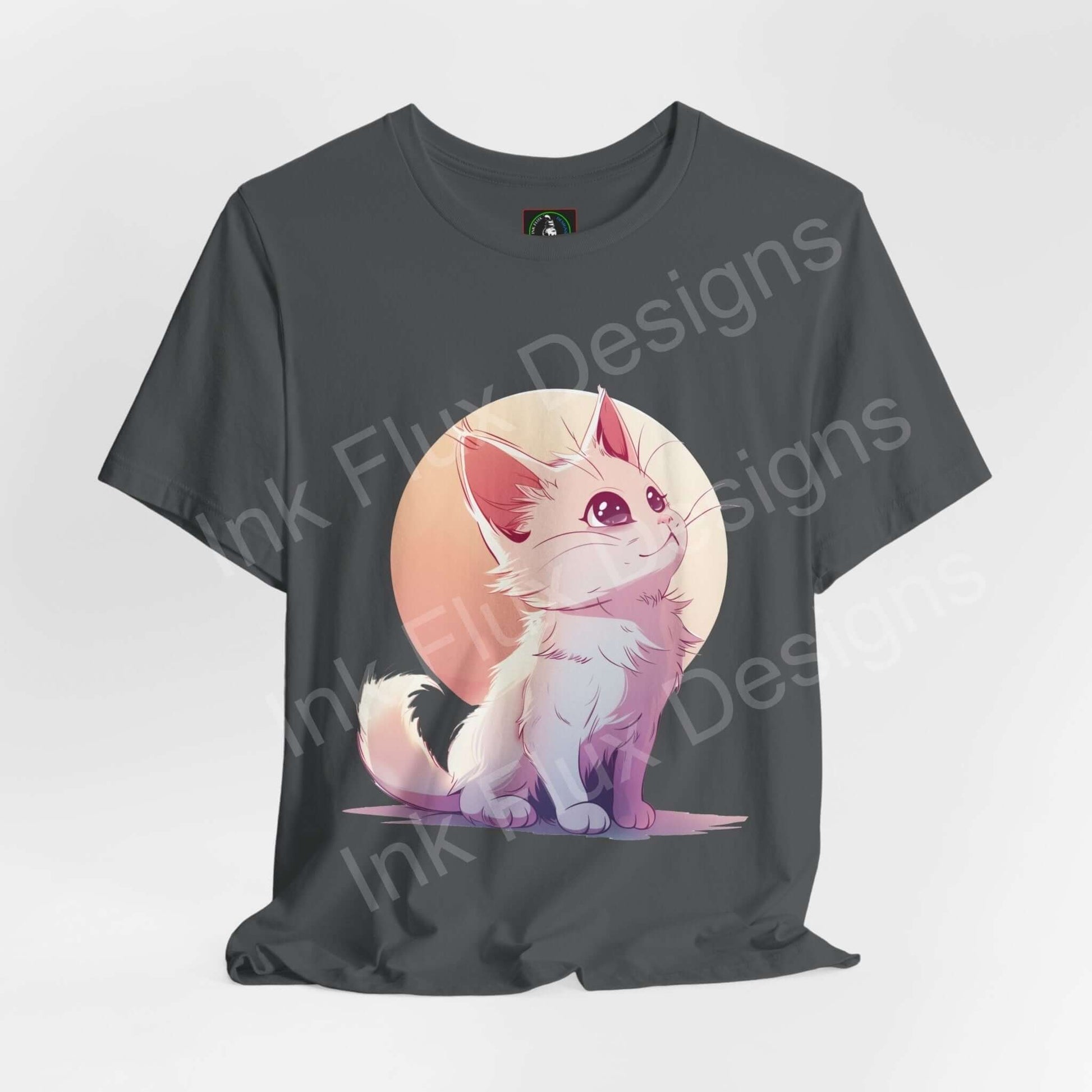 Charcoal gray graphic tee featuring a cute kitty design, ideal for cat and T-shirt enthusiasts, casual and stylish.