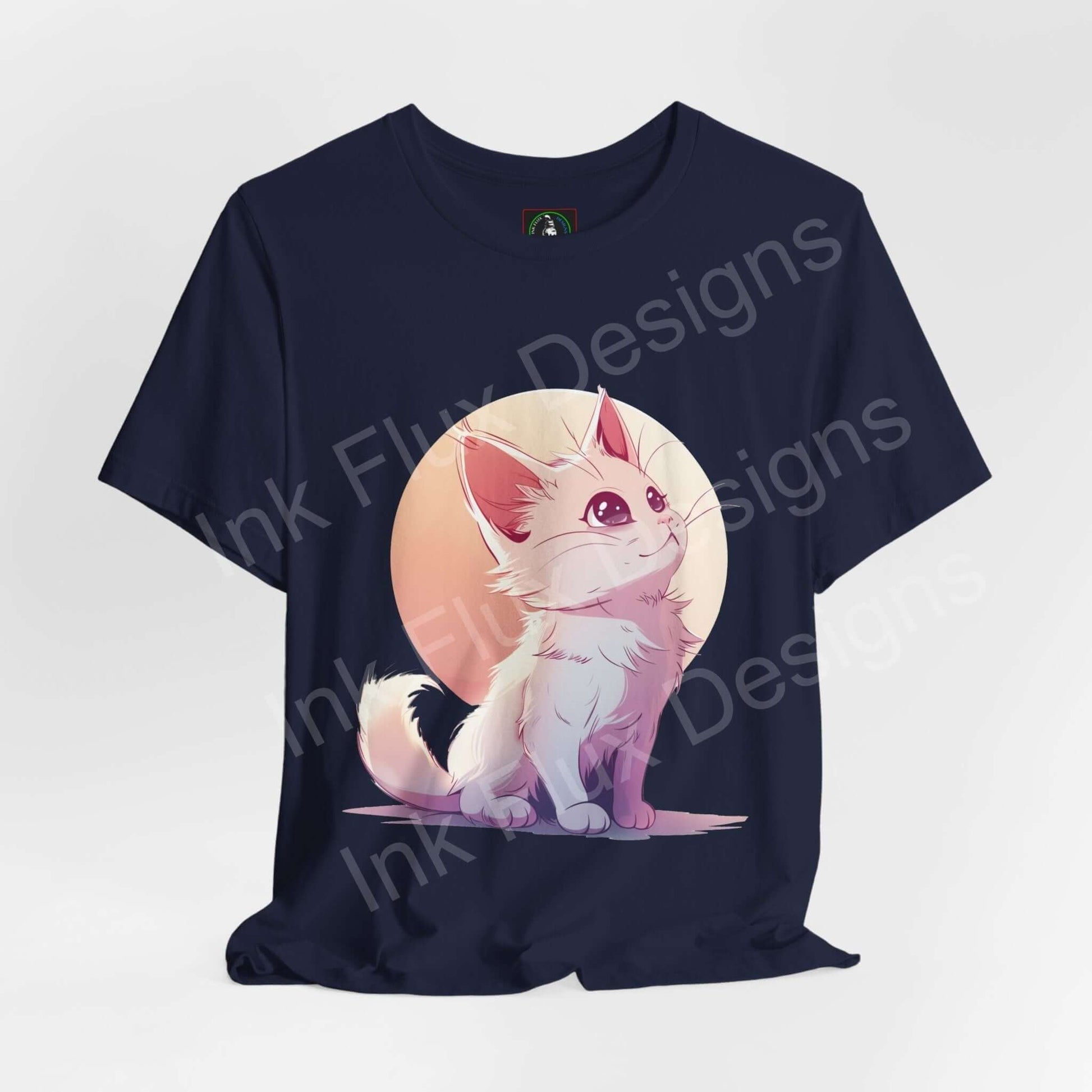 Navy unisex jersey T-shirt featuring a cute kitty graphic, ideal for cat lovers, made from sustainable Airlume cotton.