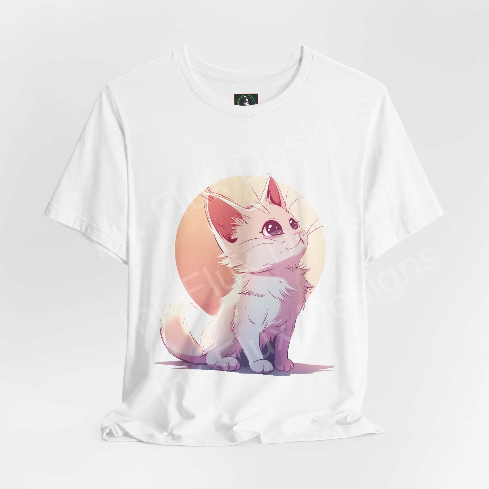 Cute kitty graphic tee, white unisex jersey T-shirt featuring a charming cat design, perfect for cat lovers and casual wear.