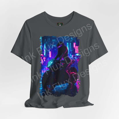 Cyberpunk themed graphic tee featuring a futuristic bike design in vibrant neon colors on a gray unisex T-shirt by Bella+Canvas.