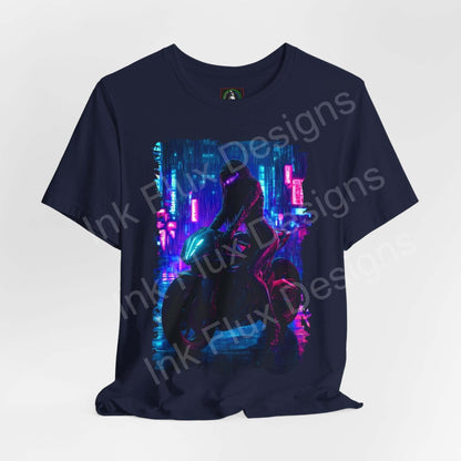 Cyberpunk themed graphic tee featuring a futuristic bike design on a dark blue shirt, ideal for fans of cyberpunk style and graphic tees.