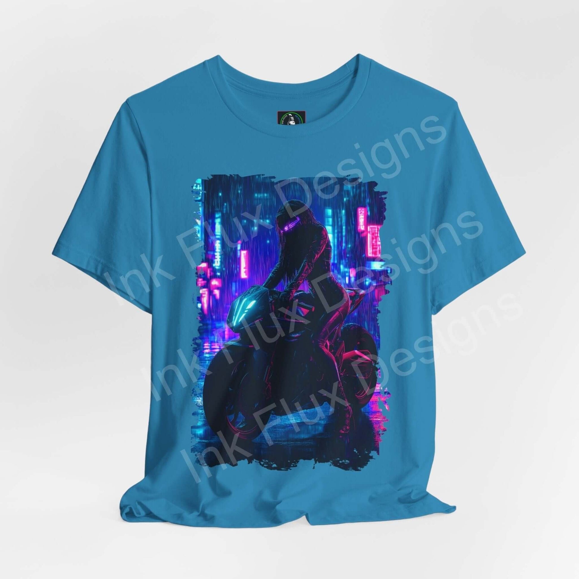 Cyberpunk graphic tee in blue featuring futuristic bike and cityscape design, stylish unisex T-shirt from Bella+Canvas