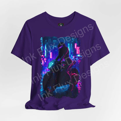 Cyberpunk themed graphic tee featuring a futuristic bike design on a purple unisex T-shirt by Bella+Canvas.