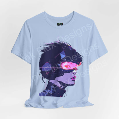Light blue unisex T-shirt featuring a vibrant cyberpunk woman graphic, designed for style and comfort, from Bella+Canvas.