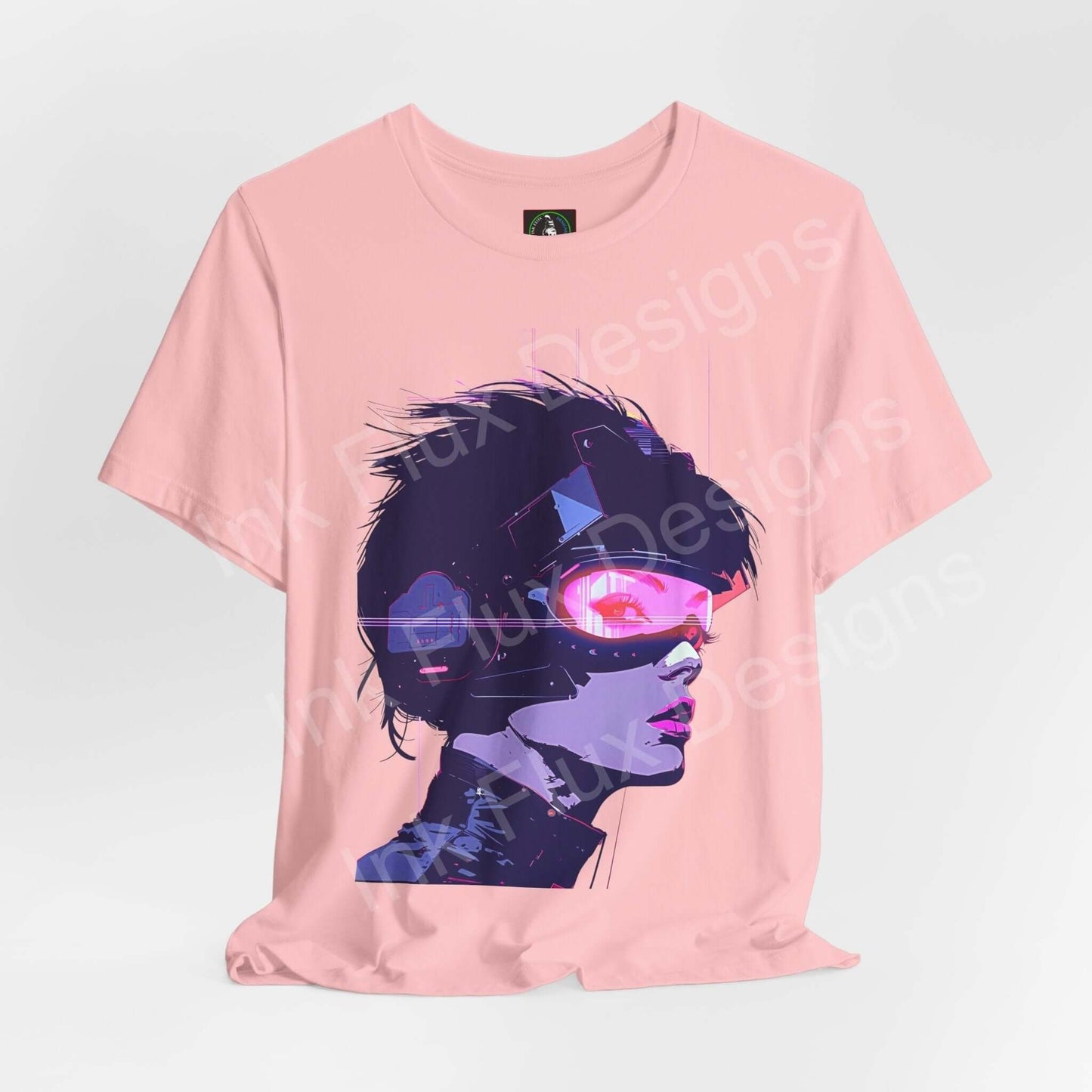 Pink Cyberpunk Woman III graphic tee featuring a stylized female face with futuristic goggles, ideal for fans of unique T-shirts and graphic tees.