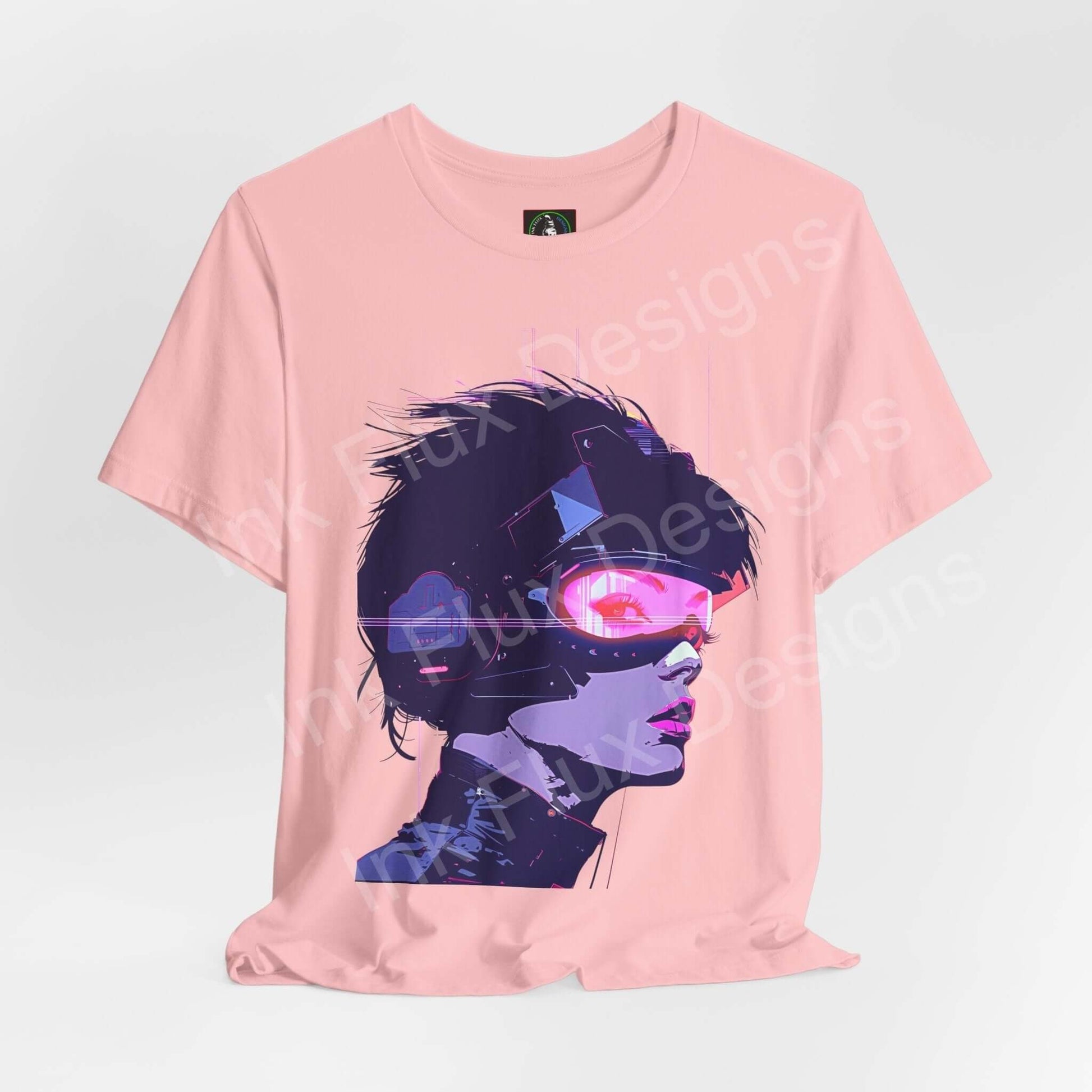Pink Cyberpunk Woman III graphic tee featuring a stylized female face with futuristic goggles, ideal for fans of unique T-shirts and graphic tees.