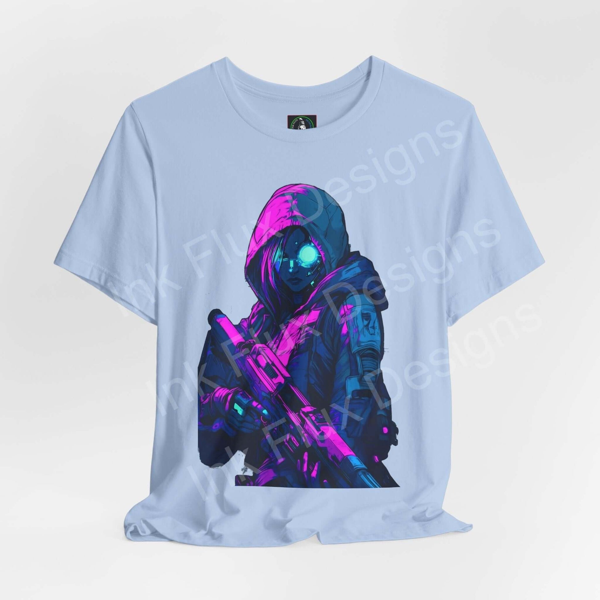 Light blue unisex T-shirt featuring a vivid cyberpunk graphic of a cyborg soldier with glowing eyes, crafted by Bella+Canvas.