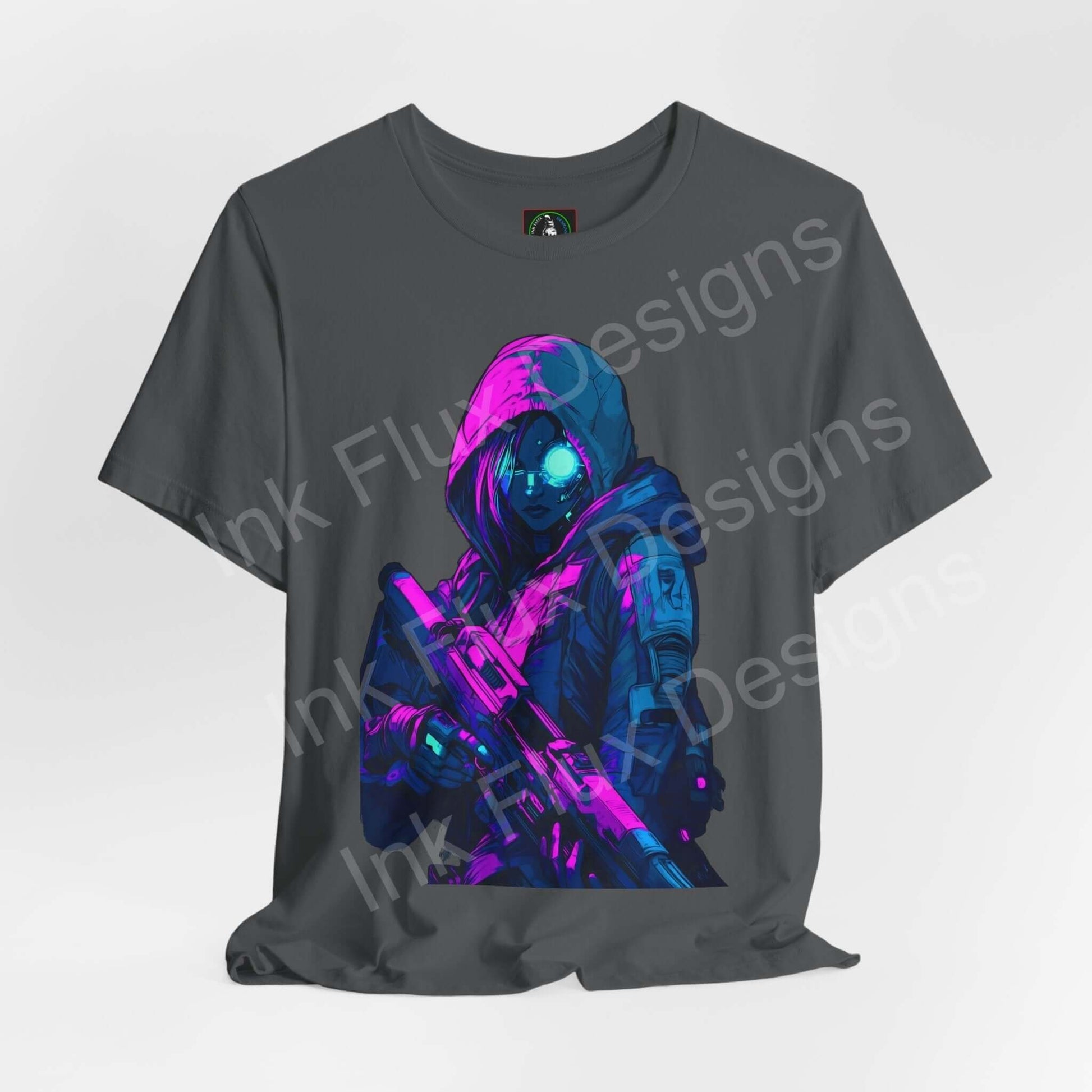 Cyberpunk-themed graphic tee featuring a cyborg soldier design in vibrant blue and pink on a gray unisex T-shirt, by Bella+Canvas.