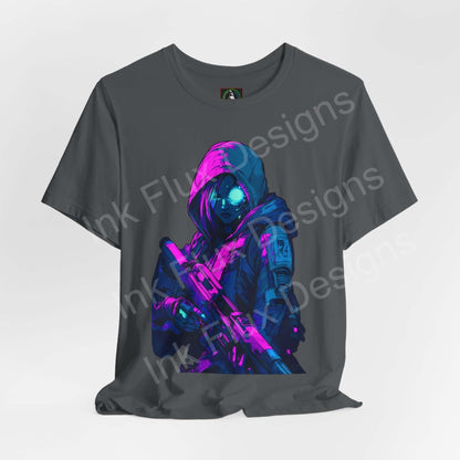 Cyberpunk-themed graphic tee featuring a cyborg soldier design in vibrant blue and pink on a gray unisex T-shirt, by Bella+Canvas.