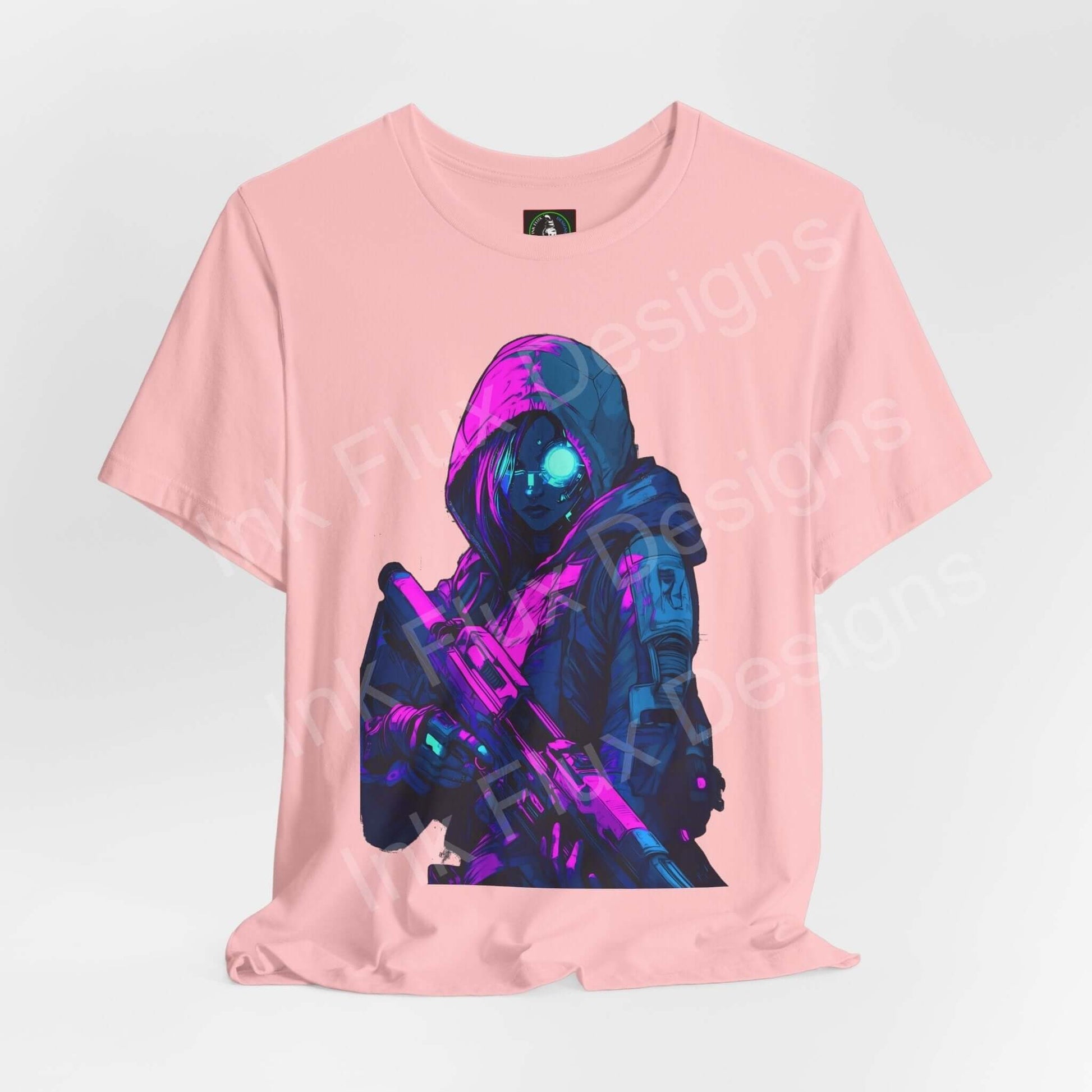 Pink unisex T-shirt featuring a cyberpunk graphic of a cyborg soldier, perfect for fans of high-quality, ethically made graphic tees.