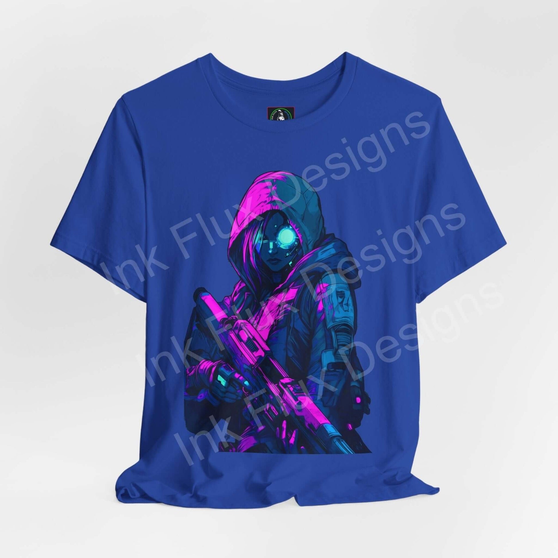 Blue cyberpunk T-shirt with graphic print of a cyborg soldier, highlighting the innovative design and vibrant colors typical of graphic tees.