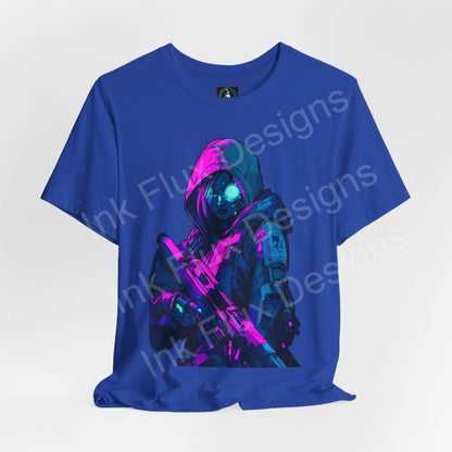 Blue cyberpunk T-shirt with graphic print of a cyborg soldier, highlighting the innovative design and vibrant colors typical of graphic tees.
