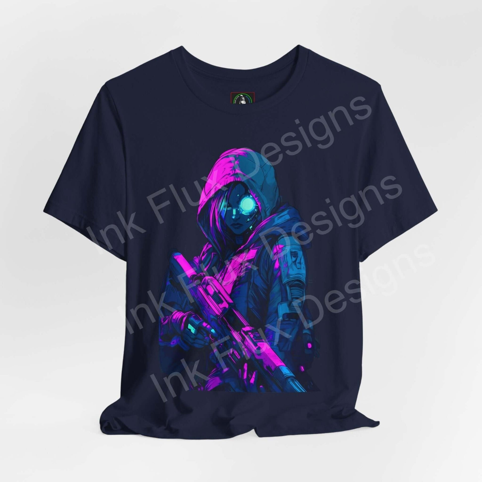 Cyberpunk-themed graphic tee featuring a vivid blue and pink cyborg soldier design on a dark navy T-shirt, offering a stylish and futuristic look.