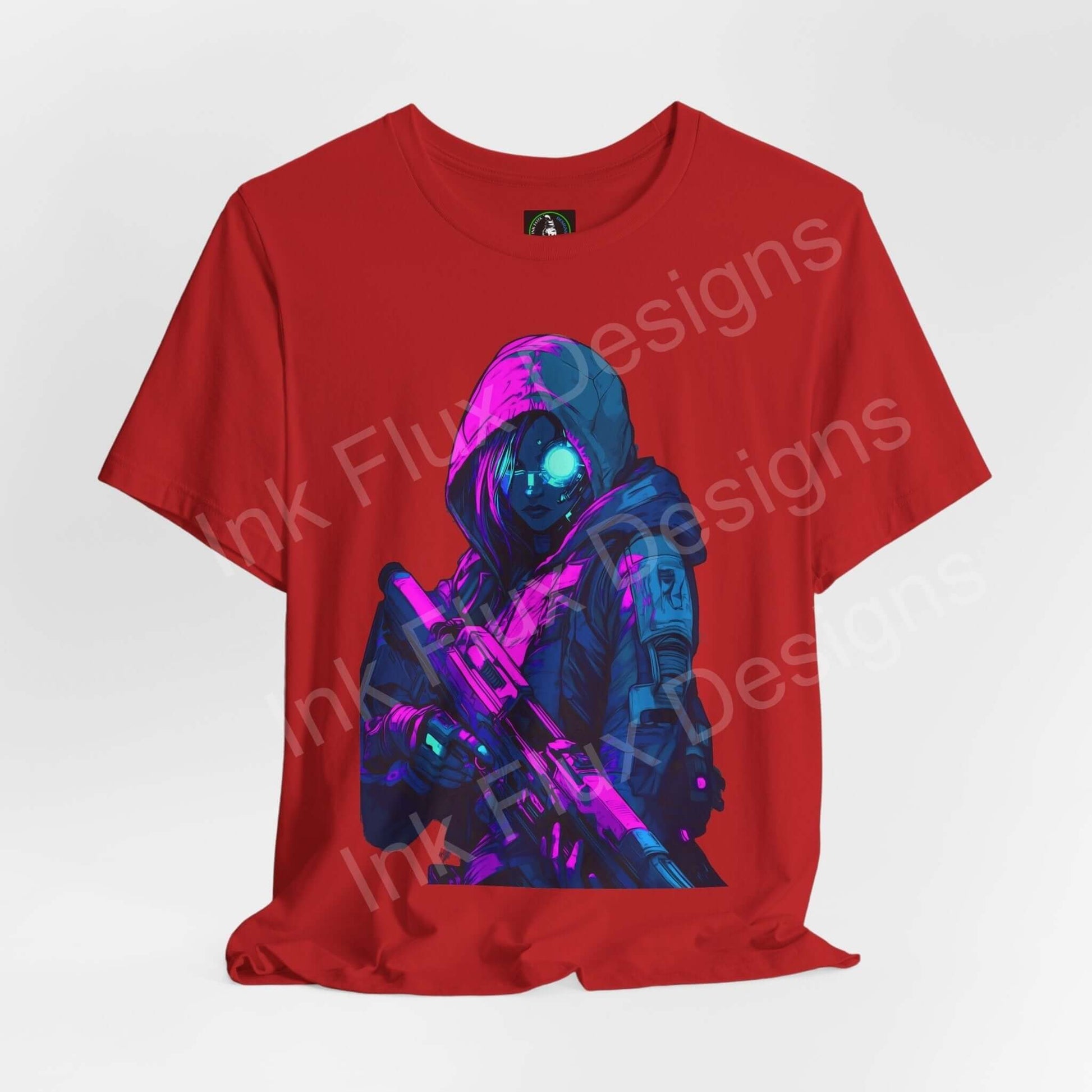 Cyberpunk graphic tee featuring an illustrated cyborg soldier on a vibrant red unisex T-shirt, designed for style and comfort.
