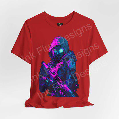Cyberpunk graphic tee featuring an illustrated cyborg soldier on a vibrant red unisex T-shirt, designed for style and comfort.