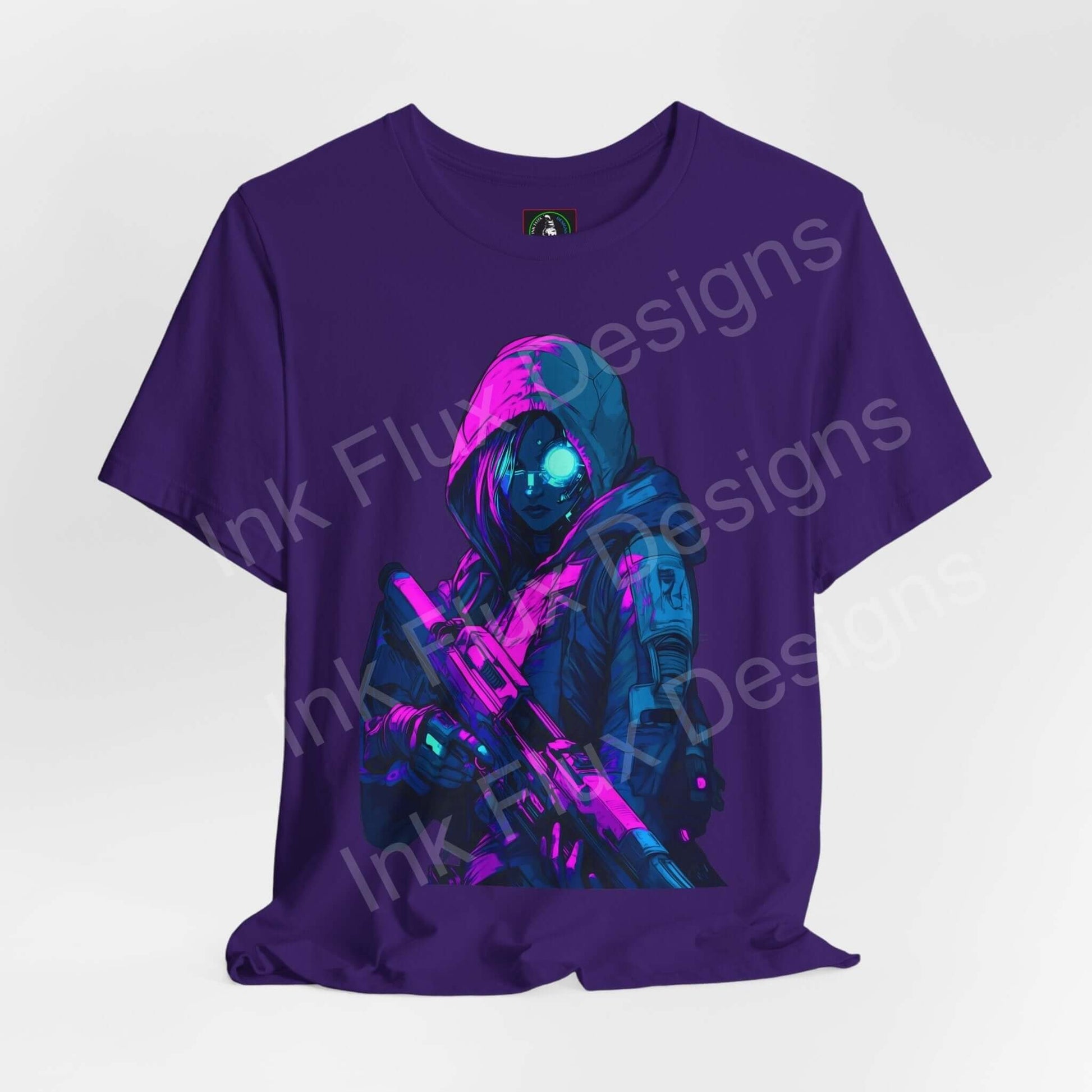 Purple unisex T-shirt featuring a vibrant cyberpunk graphic of a cyborg soldier with neon blue and pink accents, from Bella+Canvas.