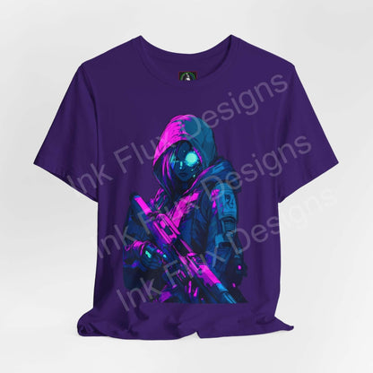 Purple unisex T-shirt featuring a vibrant cyberpunk graphic of a cyborg soldier with neon blue and pink accents, from Bella+Canvas.