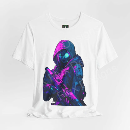 Cyberpunk-style graphic tee featuring a vivid illustration of a cyborg soldier in blues and pinks, ribbed collar, in unisex fit.