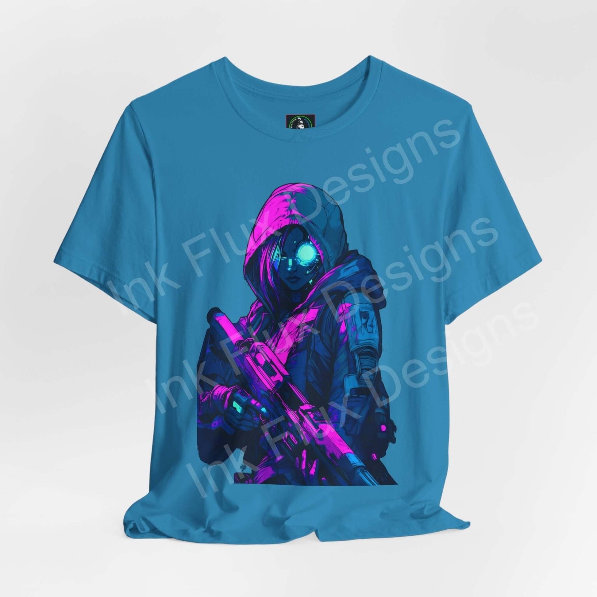 Cyberpunk graphic tee featuring a cyborg soldier design on a blue unisex T-shirt, showcasing ethically made, breathable cotton fabric.