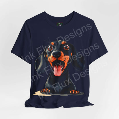 Navy blue graphic tee featuring a whimsical Dachshund design, ideal for dog lovers and casual wear, by Bella+Canvas.