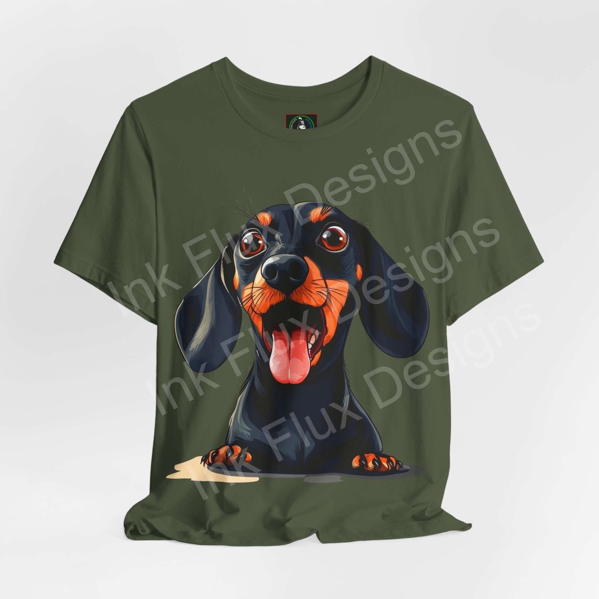 Dachshund IV graphic tee in olive green featuring a vibrant cartoon dog, perfect for T-shirt and dog lovers, by Bella+Canvas.