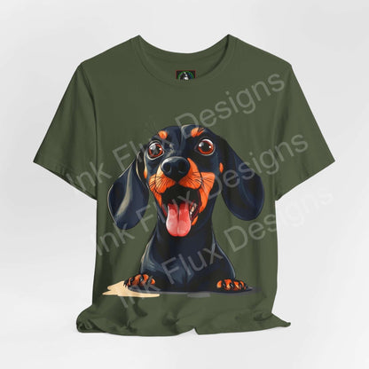 Dachshund IV graphic tee in olive green featuring a vibrant cartoon dog, perfect for T-shirt and dog lovers, by Bella+Canvas.