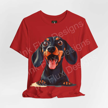 Red graphic tee featuring a playful Dachshund design, ideal for dog lovers and T-shirt enthusiasts.