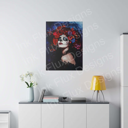 Day of the Dead woman's portrait on matte canvas in modern room, featuring bold designs and vibrant colors.