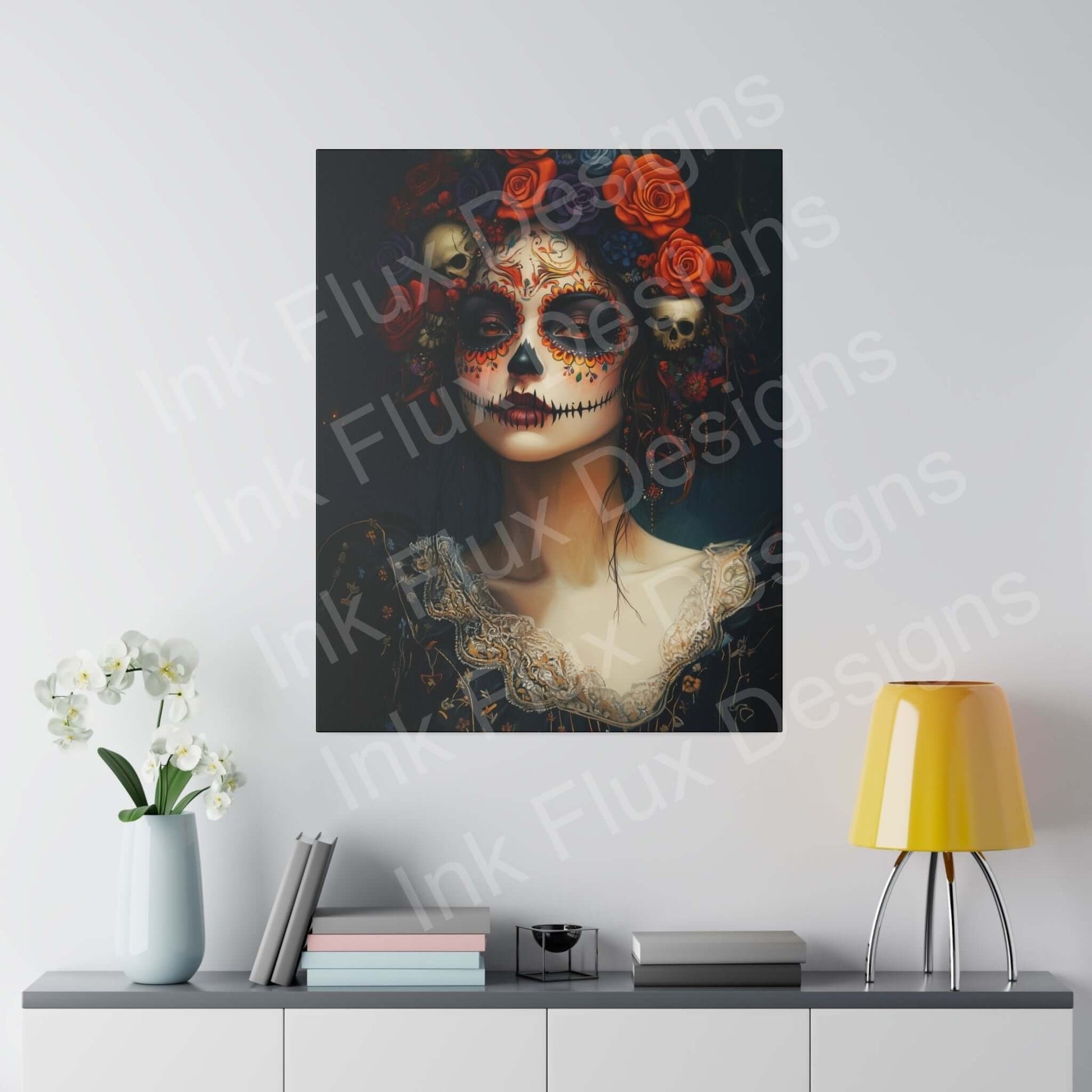 Day of the Dead Woman's Portrait III on Matte Canvas, featuring bold designs with vibrant, lasting colors, displayed above a modern grey console table.
