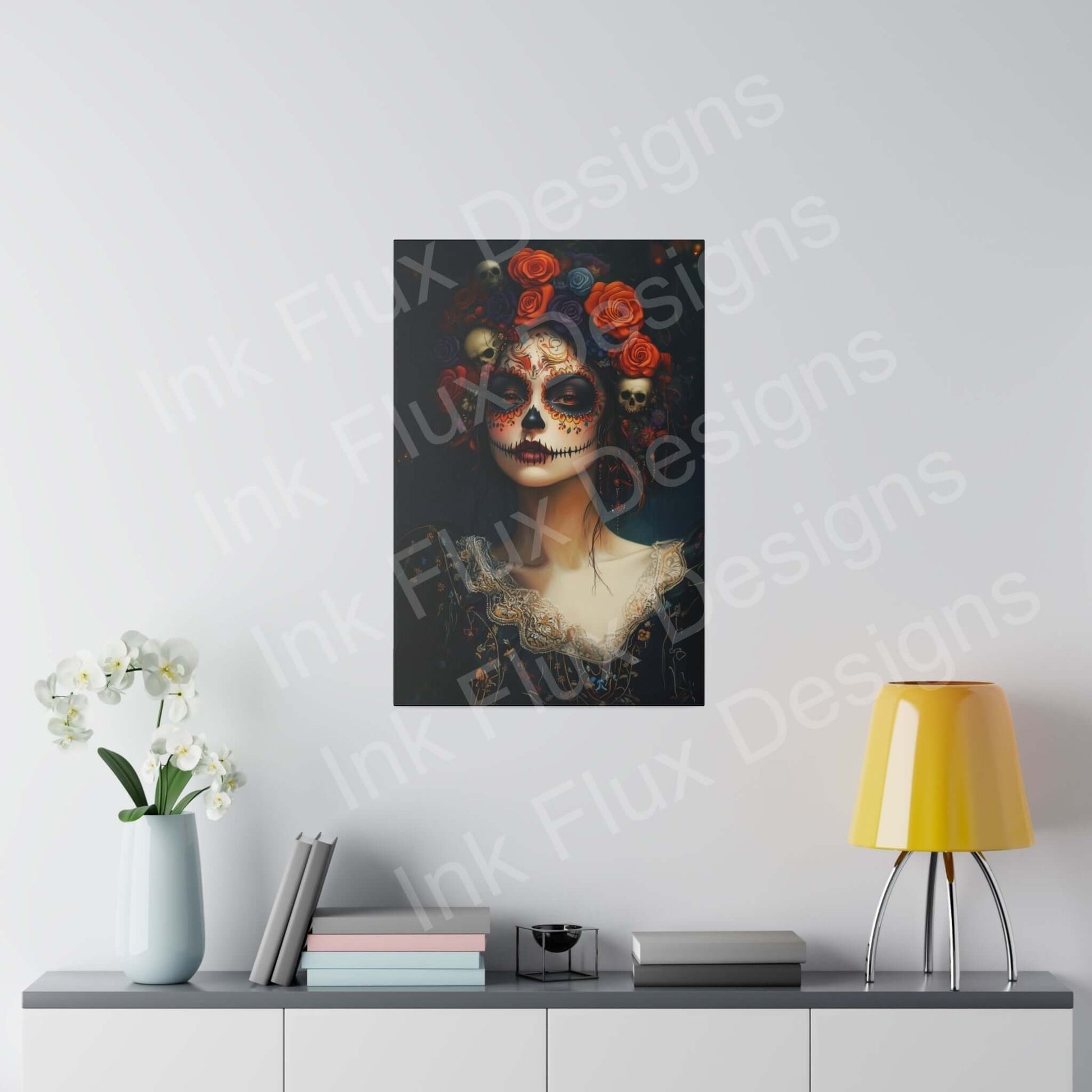 Day of the Dead Woman's Portrait III canvas on the wall, featuring bold designs, vibrant colors, and eco-friendly materials.