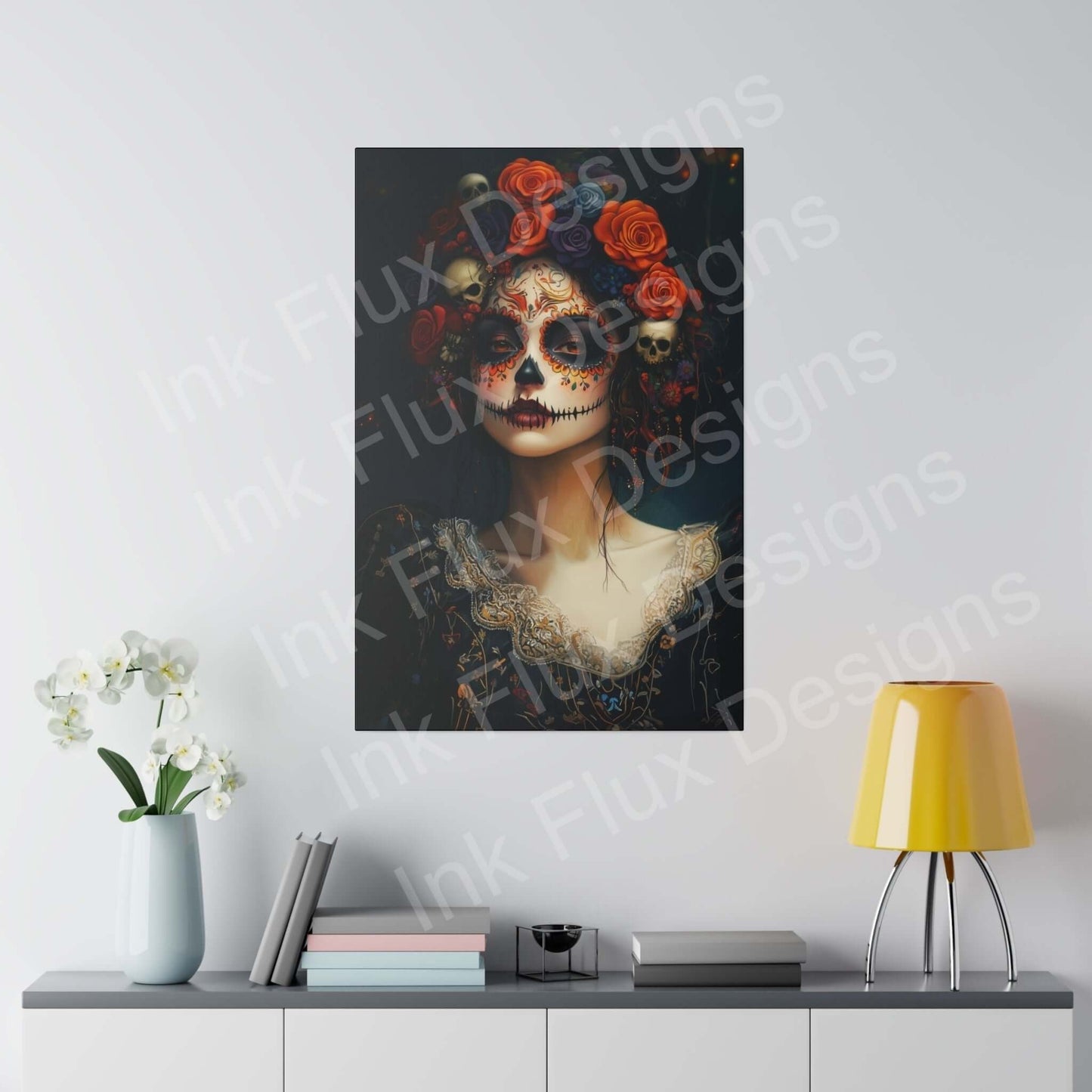 Vibrant Day of the Dead woman's portrait on matte canvas, featuring bold designs, displayed above modern desk with decor.