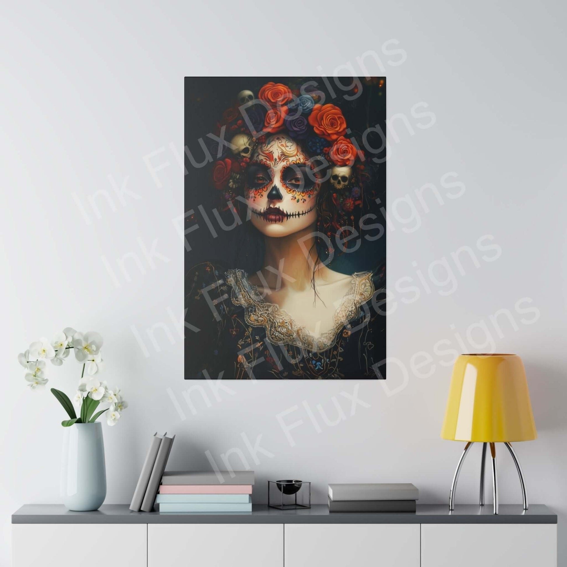 Vibrant Day of the Dead woman's portrait on matte canvas, featuring bold designs, displayed above modern desk with decor.