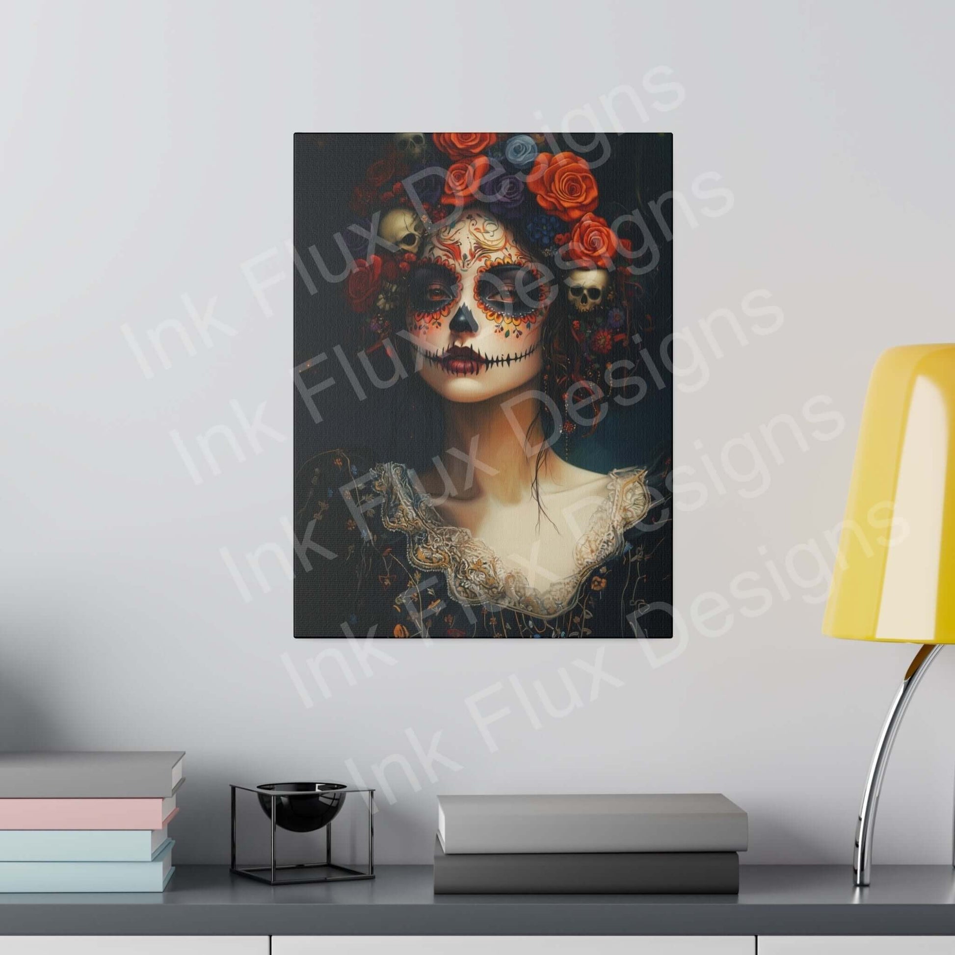 Bold designs canvas print featuring a Day of the Dead Woman's portrait with vibrant floral accents, displayed in a modern room.