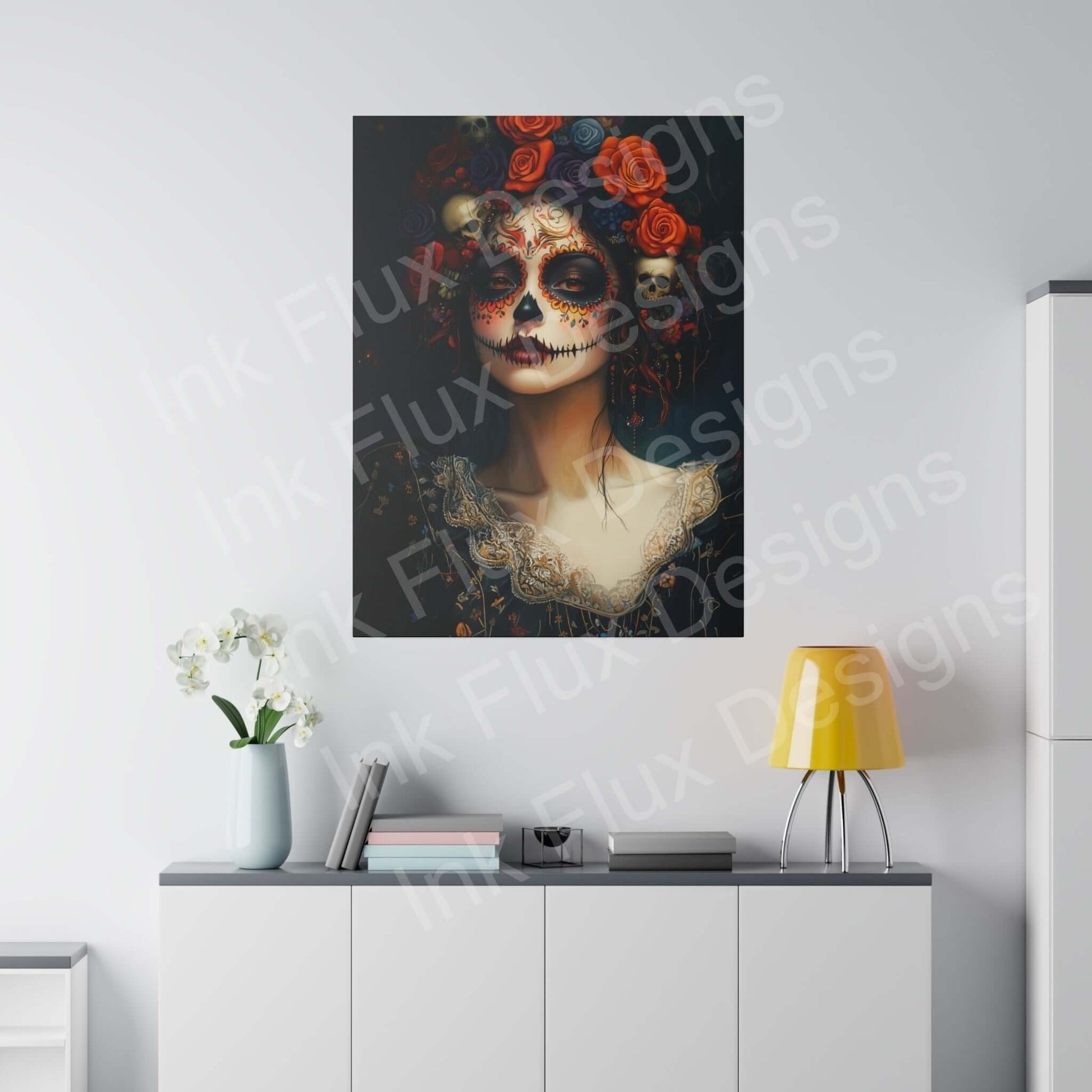 Bold Day of the Dead woman's portrait on eco-friendly canvas, vibrant colors, hung above modern white cabinet in sleek room.
