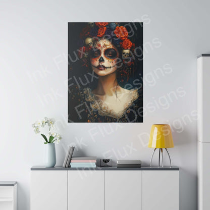 Bold Day of the Dead woman's portrait on eco-friendly canvas, vibrant colors, hung above modern white cabinet in sleek room.