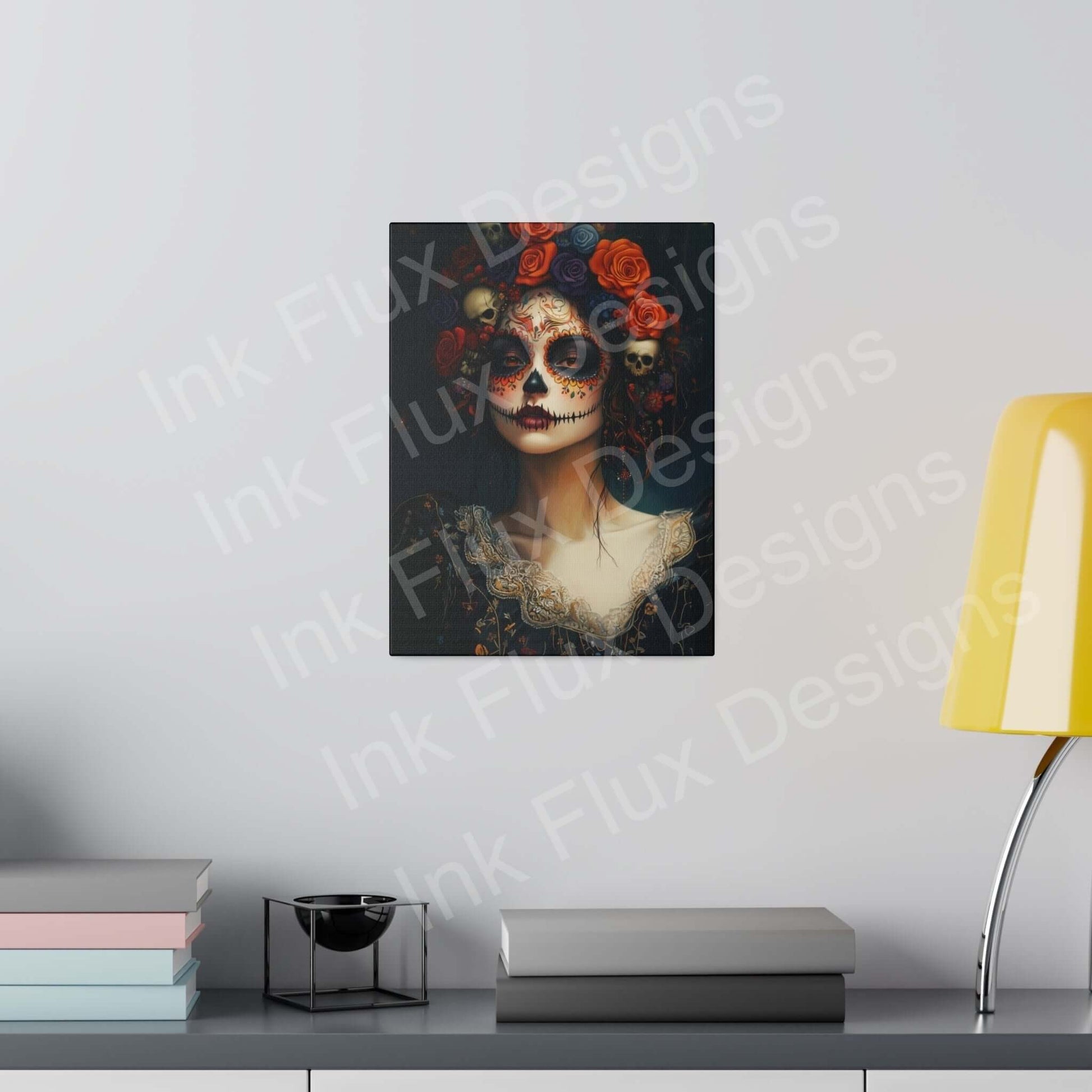 Bold Day of the Dead Woman's portrait canvas on wall, featuring vibrant skull makeup and floral accents, enhancing modern room decor.