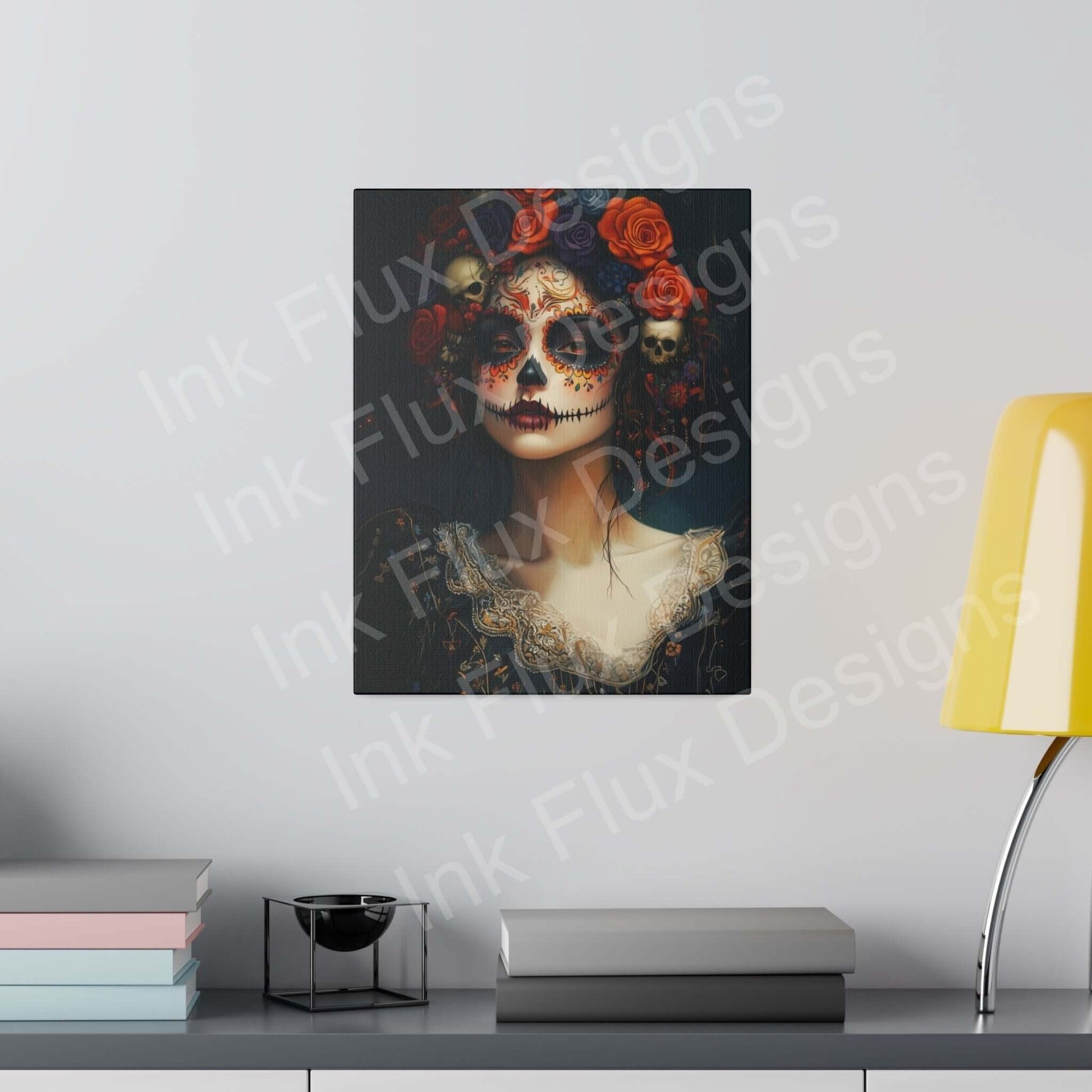 Bold Day of the Dead Woman's portrait on eco-friendly matte canvas, displayed in modern room setting with vibrant, lasting colors.