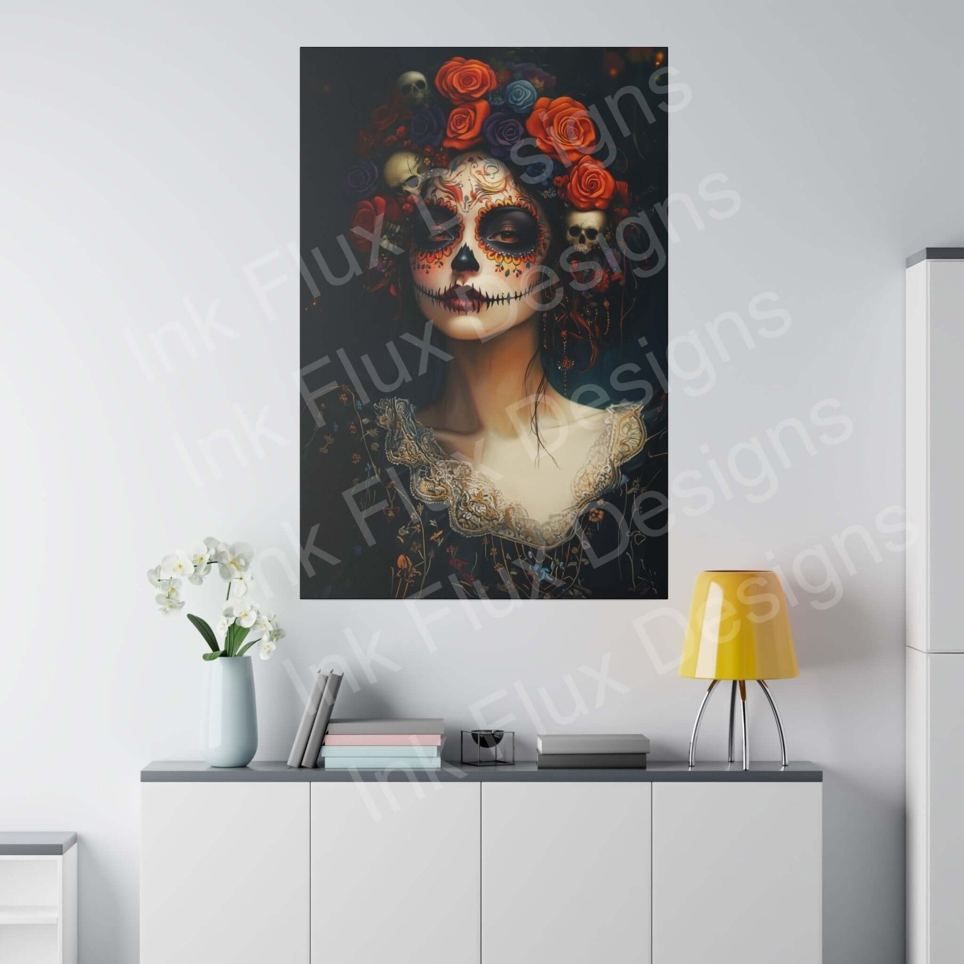 Day of the Dead Woman's Portrait III canvas featuring bold designs, hung above modern white cabinet in a stylish room.