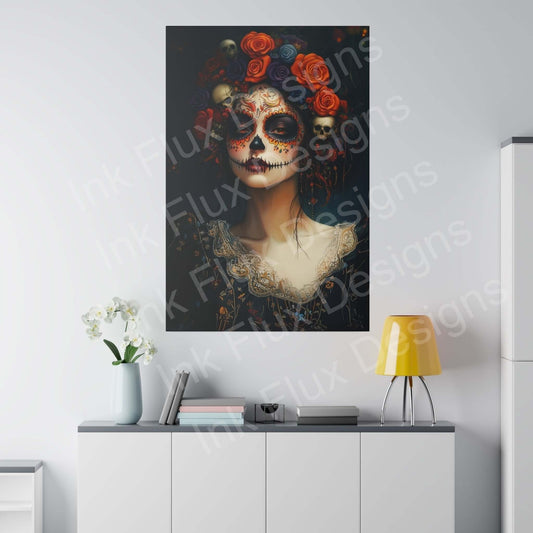 Day of the Dead Woman's Portrait III canvas featuring bold designs, hung above modern white cabinet in a stylish room.