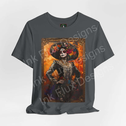 Unisex charcoal grey T-shirt featuring a vibrant Day of the Dead Charro Woman II graphic, perfect for DÃ­a de Muertos celebrations.