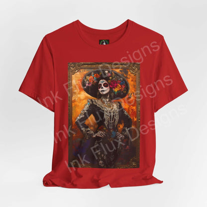 Red Day of the Dead T-shirt featuring a graphic of a Charro Woman in traditional DÃ­a de Muertos makeup and attire, by Bella+Canvas.