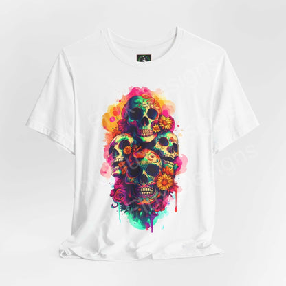 Colorful Day of the Dead graphic tee featuring vibrant skull designs, ideal for DÃ­a de Muertos celebrations, made from sustainable Airlume cotton.