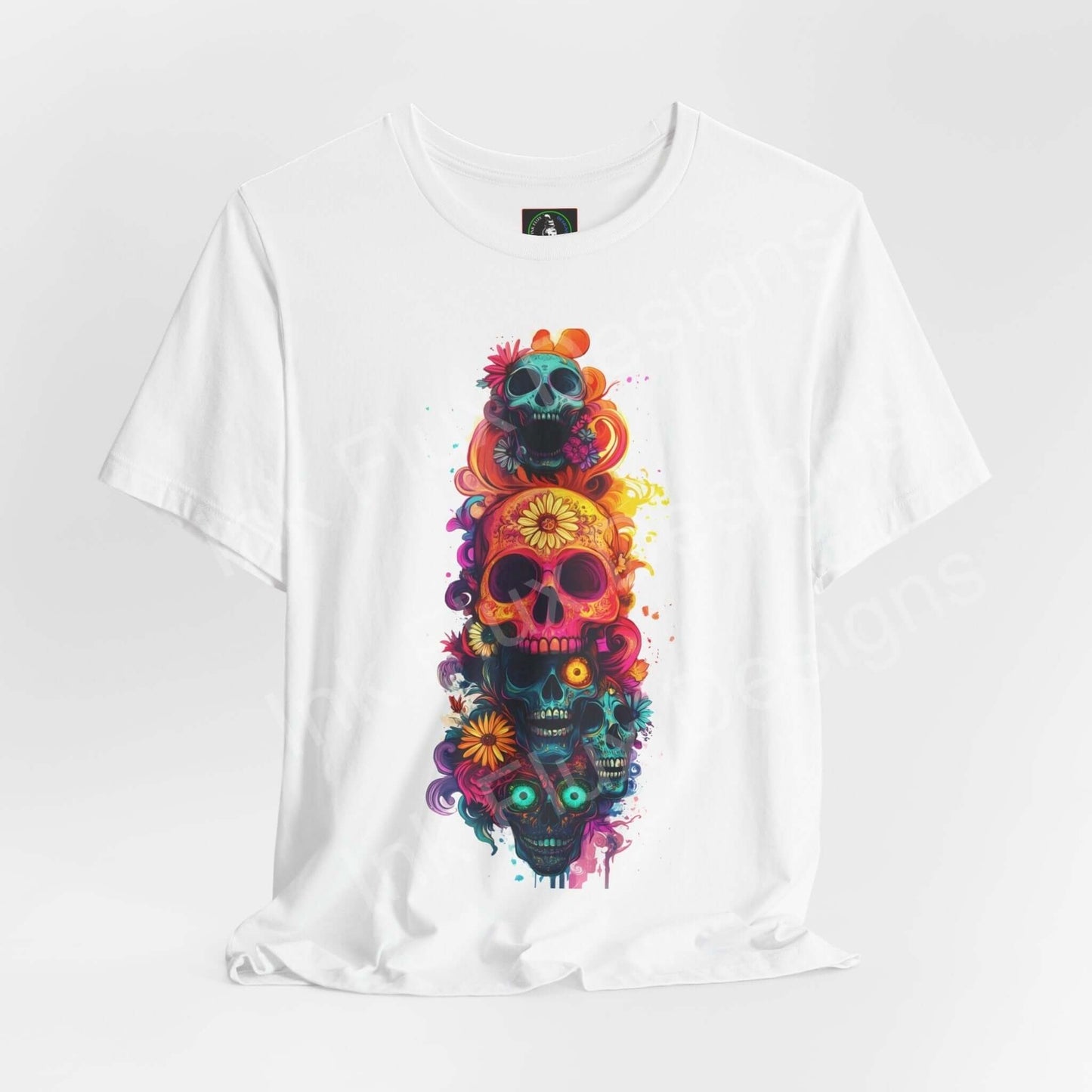 Colorful Day of the Dead graphic tee featuring vibrant stacked skulls design, ideal for DÃ­a de Muertos celebrations.