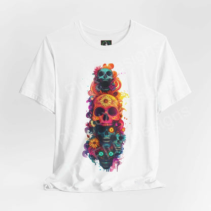 Colorful Day of the Dead graphic tee featuring vibrant stacked skulls design, ideal for DÃ­a de Muertos celebrations.