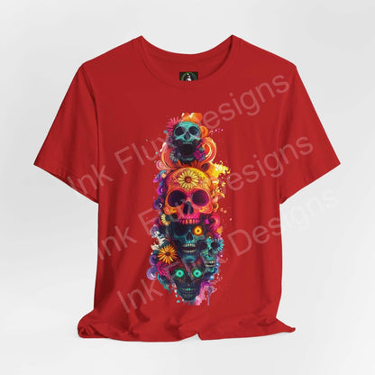 Red unisex T-shirt featuring a vibrant Day of the Dead skull design, perfect for DÃ­a de Muertos celebrations, made from breathable cotton by Bella+Canvas.